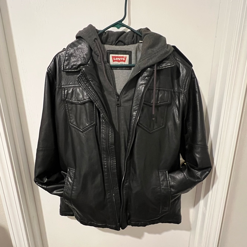 Levi's® Faux Leather Trucker with Jersey Hood and Sweatshirt Lining Black LG